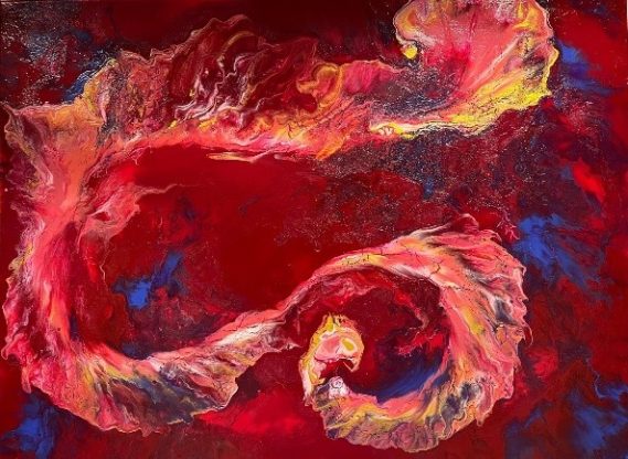 Abstrakte rot-goldene Spirale mit dynamischen Farbverläufen auf dunkelrot.