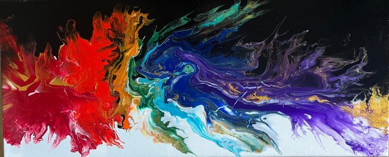 Zwei stilisierte, lila Blumen mit grünen Blättern auf hellem Hintergrund.