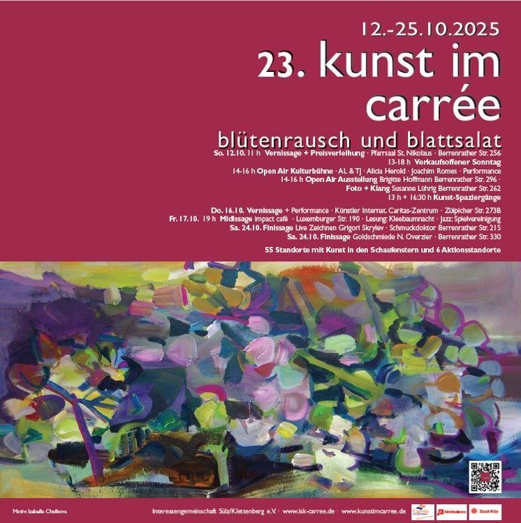 Zwei stilisierte, lila Blumen mit grünen Blättern auf hellem Hintergrund.