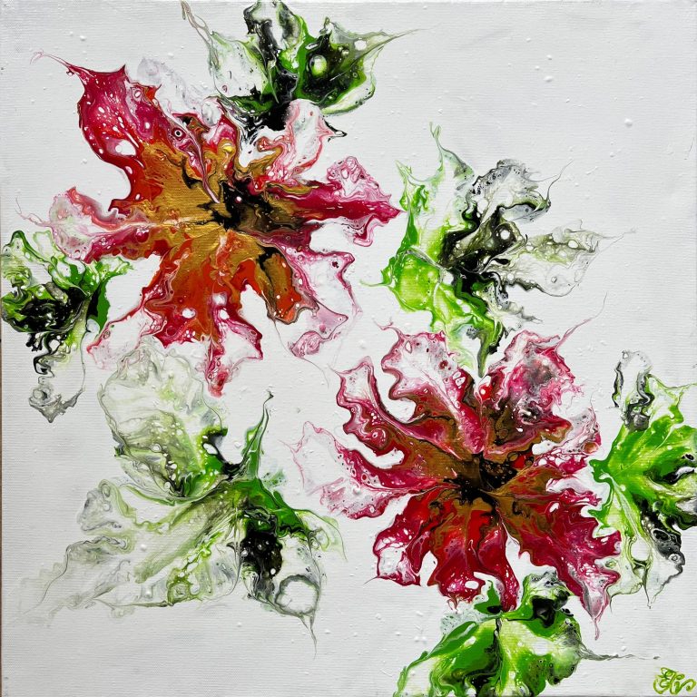 Zwei stilisierte, lila Blumen mit grünen Blättern auf hellem Hintergrund.