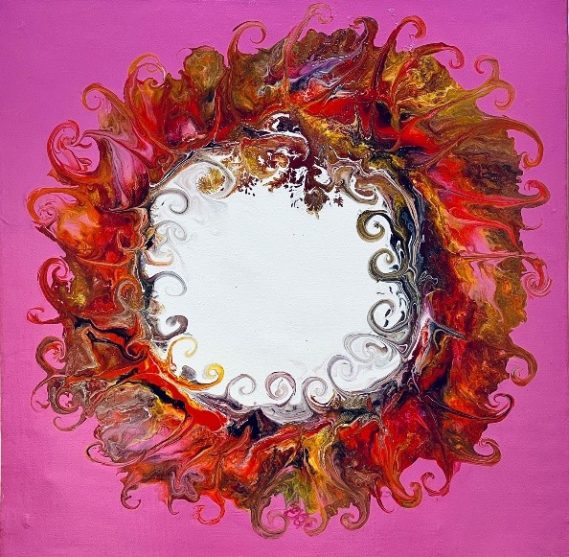 Bunte, abstrakte Komposition mit spiralförmigen Mustern auf rosa Hintergrund.